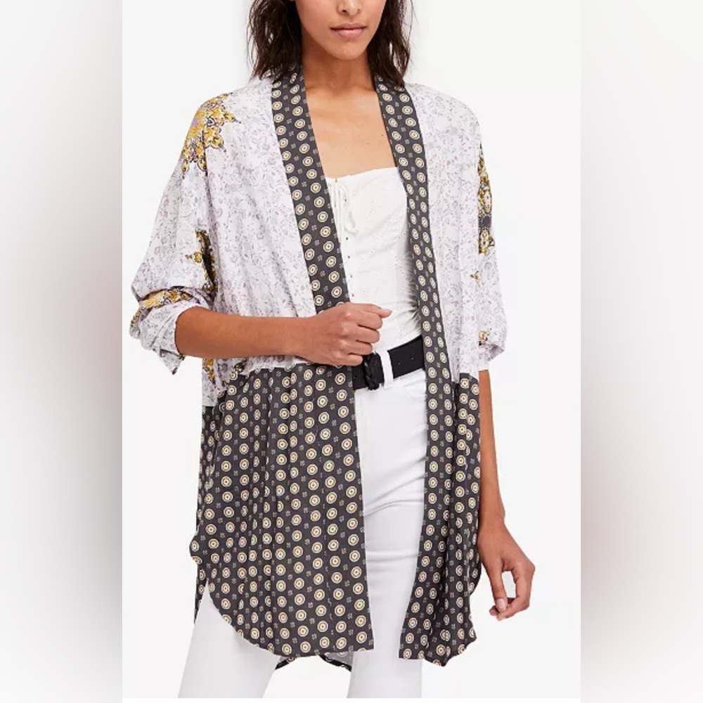 #748 Free People Forget Me Not Mixed-Print Kimono Cardigan Large